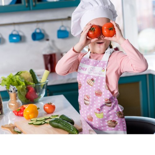 Cute Pink Polka Dot Personalized Chef Cupcake Apron