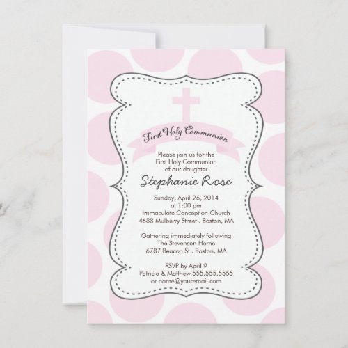 Cute Pink Polka Dots Cross Communion Invitation