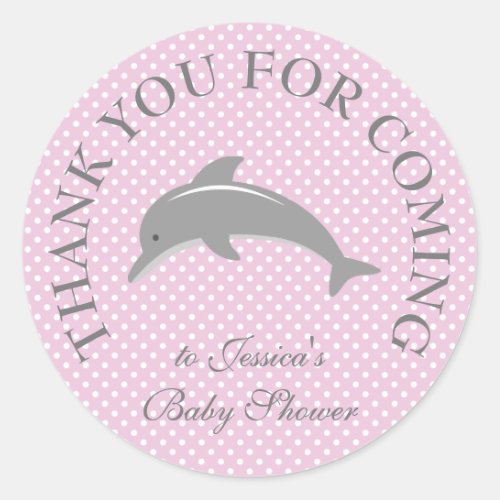 Cute pink polka dots dolphin baby shower stickers