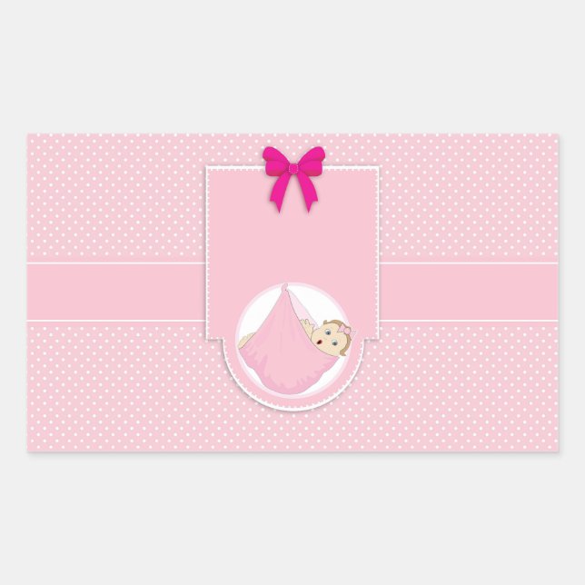 Cute Pink Polka Dots Girl Baby Shower Invitation Rectangular Sticker (Front)