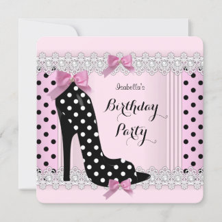 Cute Pink Polka Dots High Heel Birthday Party Invitation