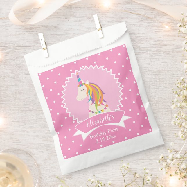 Cute Pink Polka Dots Magical Unicorn Girl Birthday Favor Bag (Clipped)