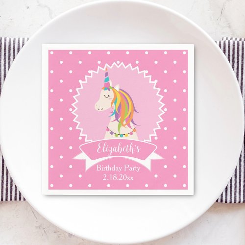 Cute Pink Polka Dots Magical Unicorn Girl Birthday Napkins