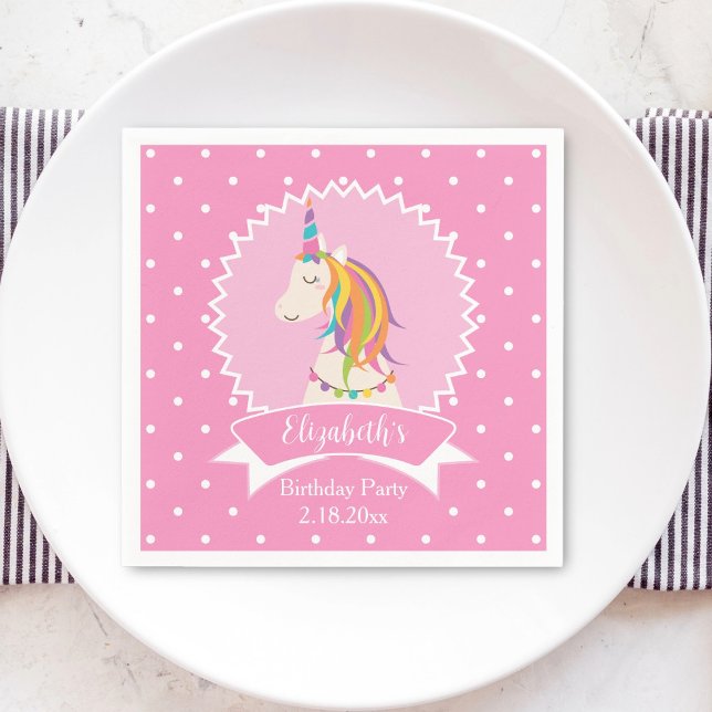 Cute Pink Polka Dots Magical Unicorn Girl Birthday Napkins (Creator Uploaded)