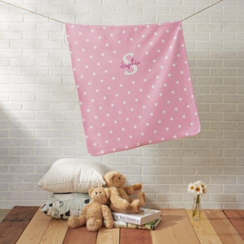 Cute Pink Polka Dots Monogrammed Warm Cozy Soft Baby Blanket