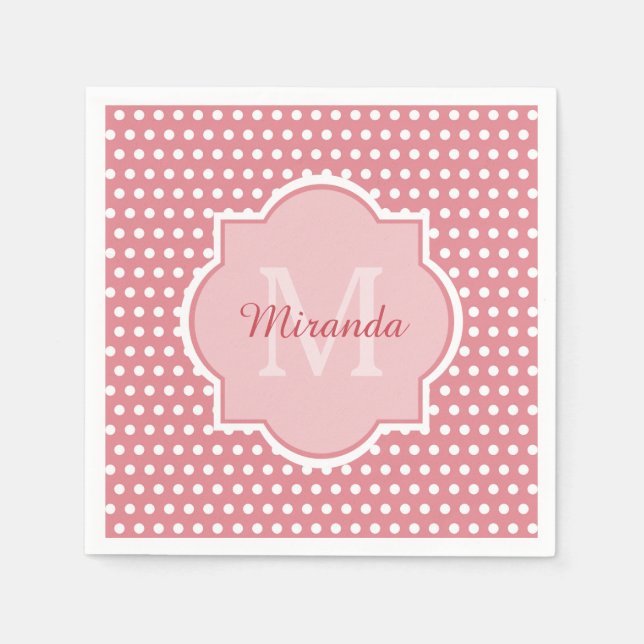 Cute Pink Polka Dots With Monogram and Name Paper Napkins (Front)