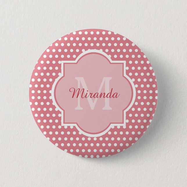 Cute Pink Polka Dots With Monogram and Name Pinback Button (Front)