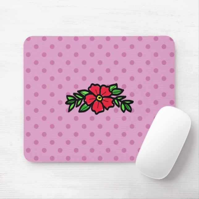 Cute Pink Polkadot Red Tradition Rose Mouse Mat (With Mouse)
