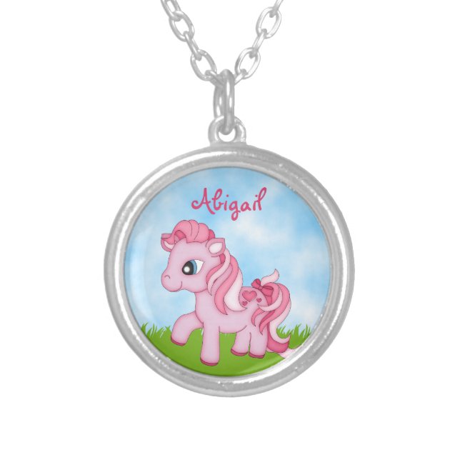 Cute Pink Pony Personalized Horse Silver Plated Necklace (Front)