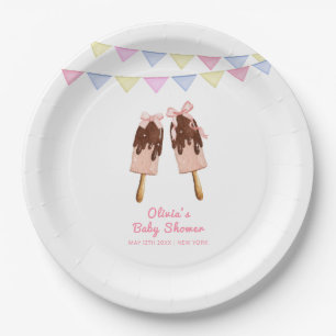 Cute Pink Popcicle Bow Ice Cream Baby Shower Paper Plates