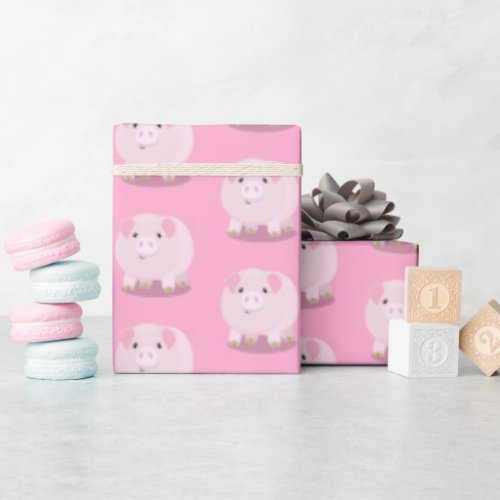 Cute pink pot bellied pig cartoon birthday wrapping paper