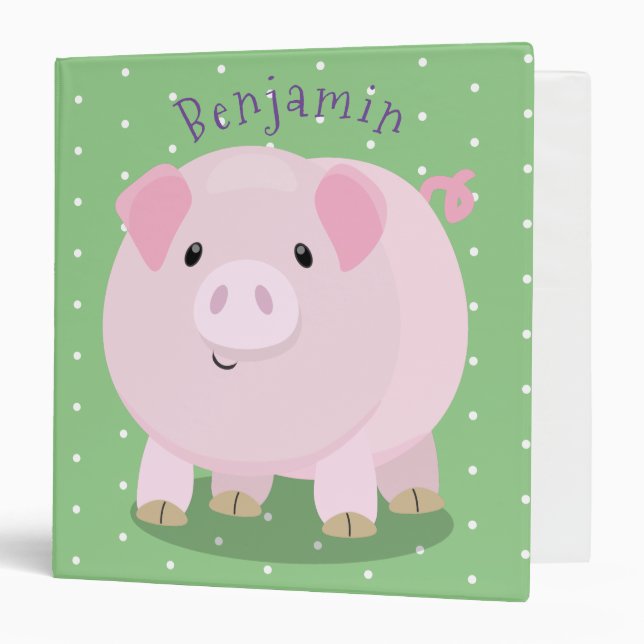 Cute pink pot bellied pig cartoon illustration 3 ring binder (Front/Inside)