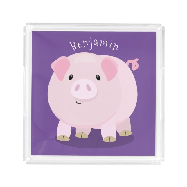 Cute pink pot bellied pig cartoon illustration acrylic tray (Front)