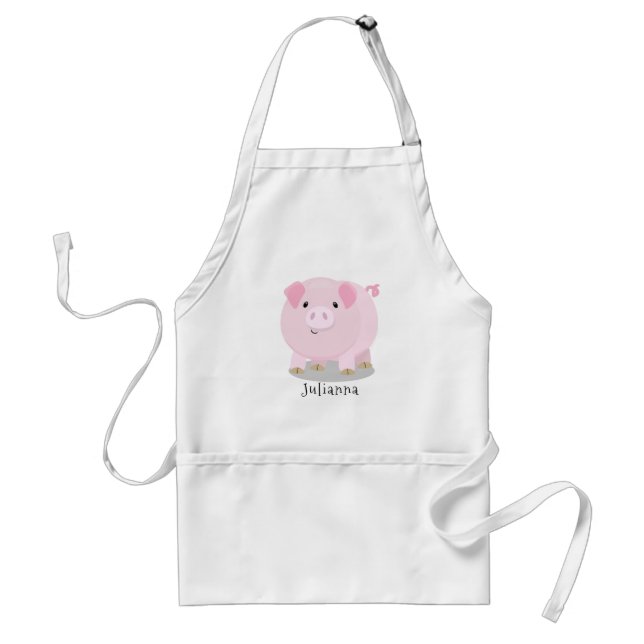 Cute pink pot bellied pig cartoon illustration adult apron (Front)
