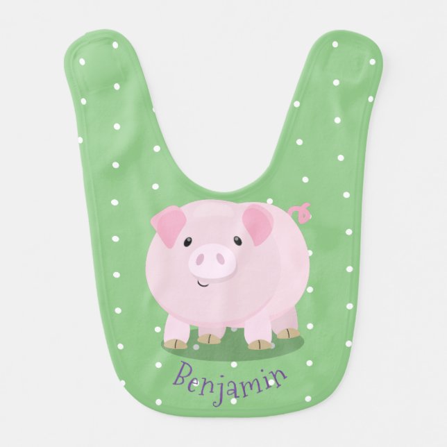Cute pink pot bellied pig cartoon illustration baby bib (Front)