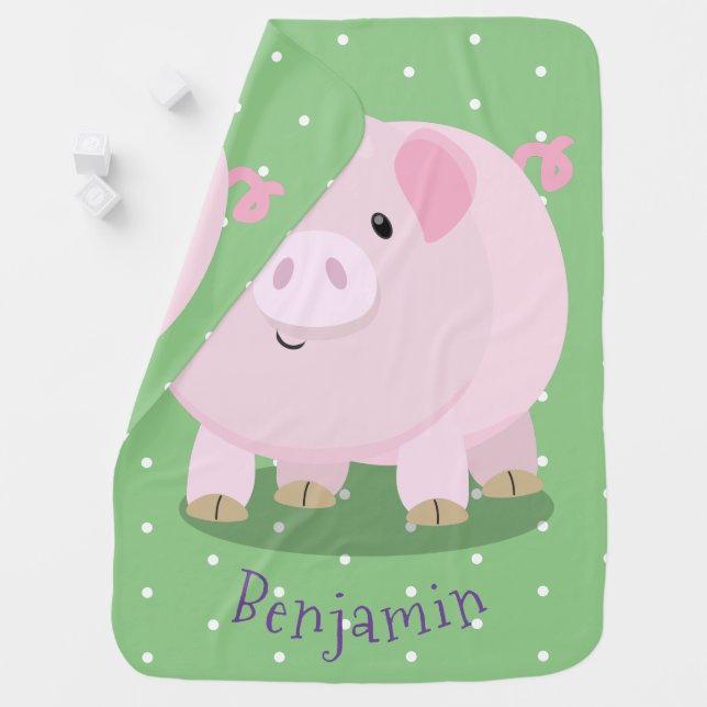 Cute pink pot bellied pig cartoon illustration baby blanket (In Situ)