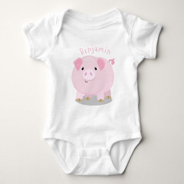 Cute pink pot bellied pig cartoon illustration baby bodysuit (Front)