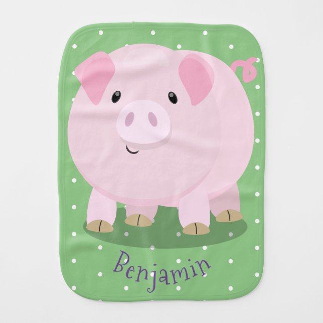 Cute pink pot bellied pig cartoon illustration baby burp cloth (Front)