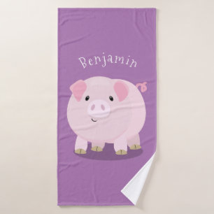 Cute pink pot bellied pig cartoon illustration bath towel set