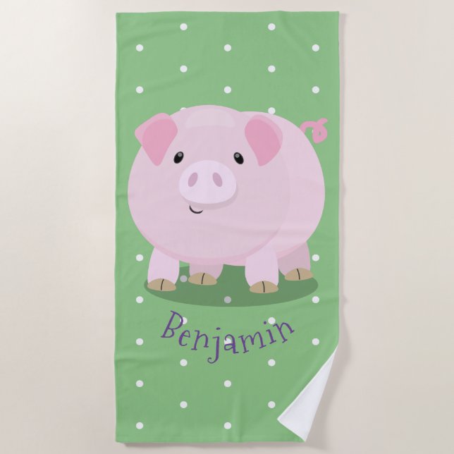 Cute pink pot bellied pig cartoon illustration beach towel (Front)