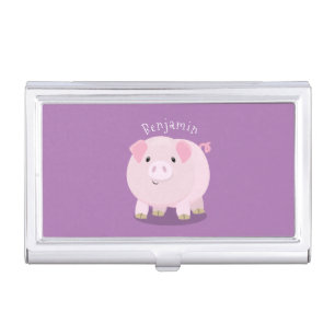 Cute pink pot bellied pig cartoon illustration business card case