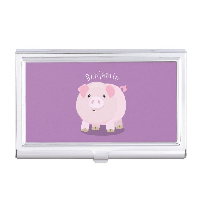 Cute pink pot bellied pig cartoon illustration business card case (Front)