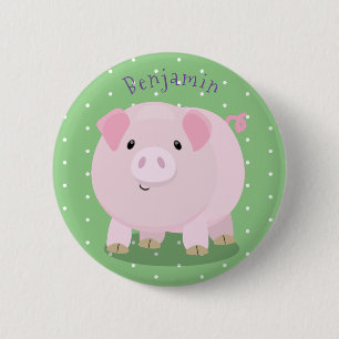 Cute pink pot bellied pig cartoon illustration button