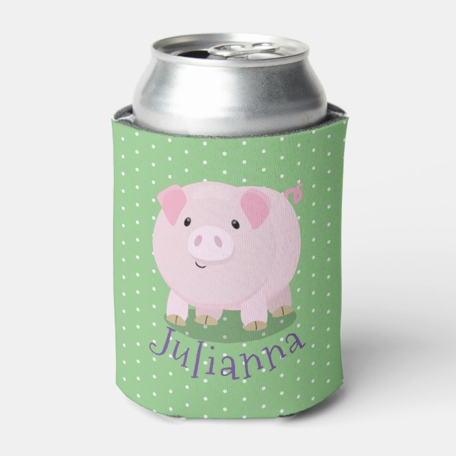 Cute pink pot bellied pig cartoon illustration can cooler (Can Front)