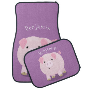 Cute pink pot bellied pig cartoon illustration  car floor mat