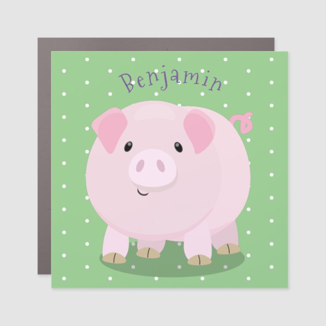 Cute pink pot bellied pig cartoon illustration car magnet (Front)
