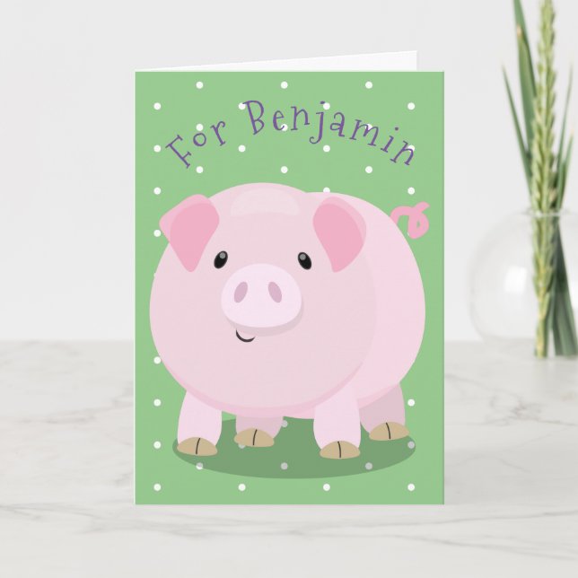 Cute pink pot bellied pig cartoon illustration card (Front)