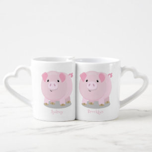 Cute pink pot bellied pig cartoon illustration coffee mug set