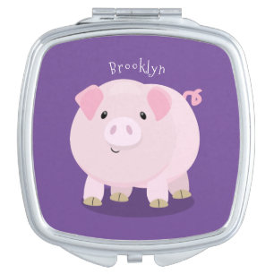 Cute pink pot bellied pig cartoon illustration compact mirror
