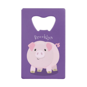 Cute pink pot bellied pig cartoon illustration credit card bottle opener