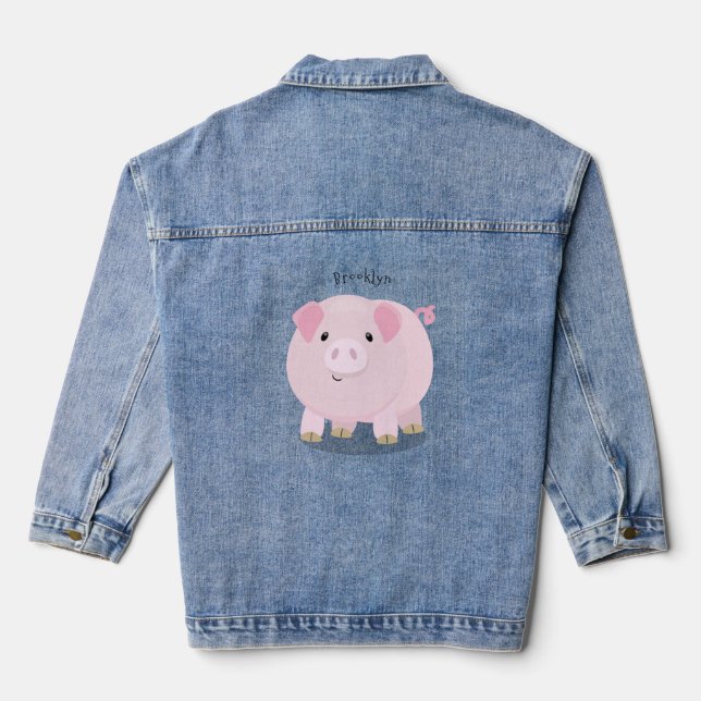 Cute pink pot bellied pig cartoon illustration denim jacket (Back)