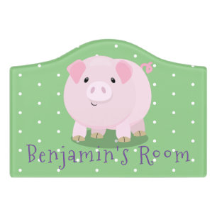 Cute pink pot bellied pig cartoon illustration door sign