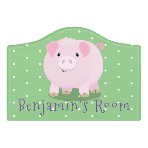 Cute pink pot bellied pig cartoon illustration door sign