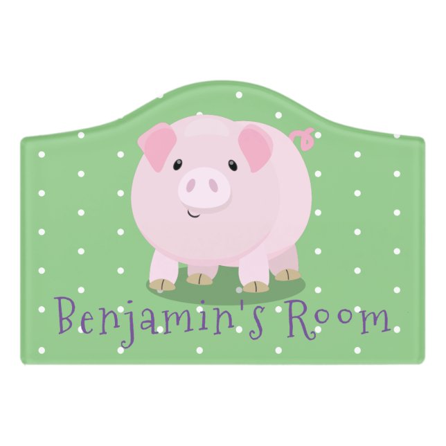 Cute pink pot bellied pig cartoon illustration door sign (Small Crest Front)