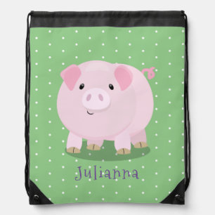 Cute pink pot bellied pig cartoon illustration drawstring bag