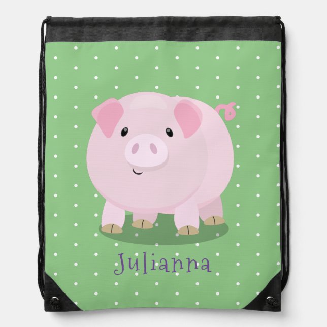 Cute pink pot bellied pig cartoon illustration drawstring bag (Front)