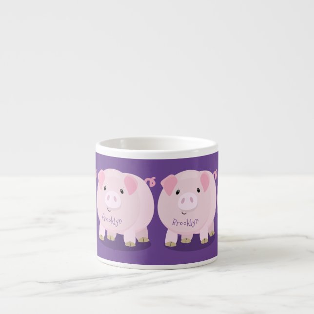 Cute pink pot bellied pig cartoon illustration espresso cup (Front)