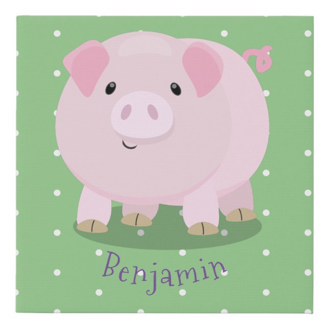 Cute pink pot bellied pig cartoon illustration faux canvas print (Front)