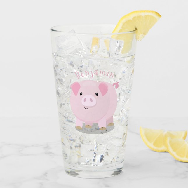 Cute pink pot bellied pig cartoon illustration glass (Back Ice)