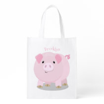 Cute pink pot bellied pig cartoon illustration grocery bag