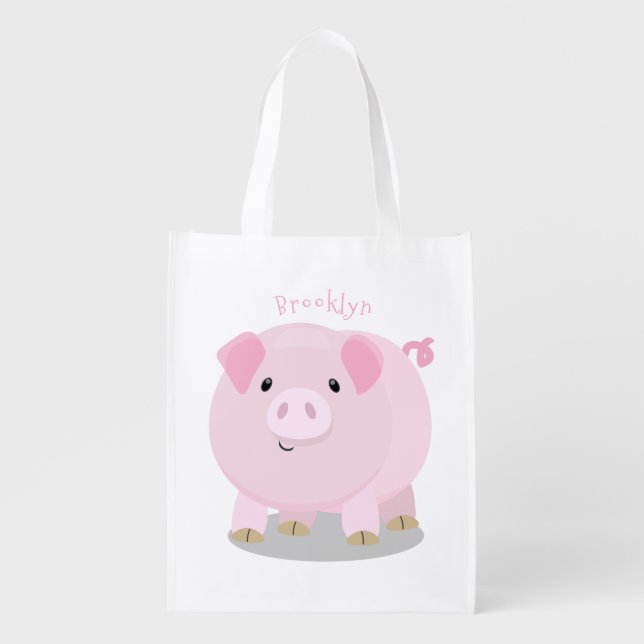Cute pink pot bellied pig cartoon illustration grocery bag (Front)