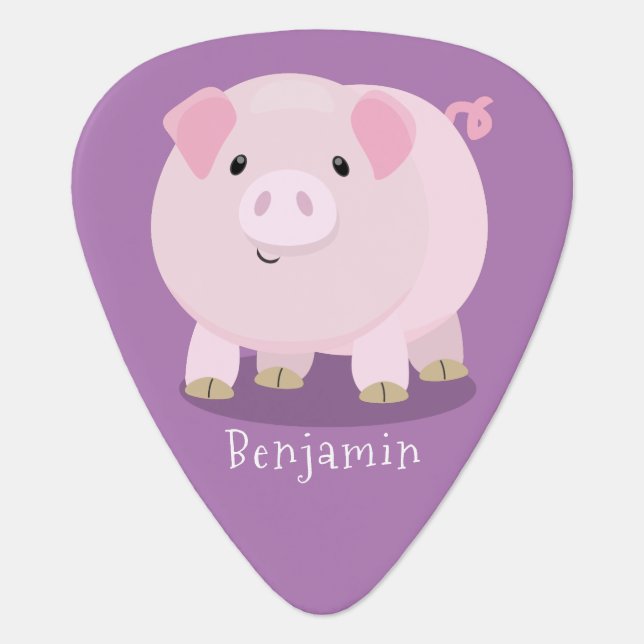 Cute pink pot bellied pig cartoon illustration  guitar pick (Front)