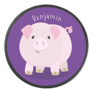 Cute pink pot bellied pig cartoon illustration hockey puck