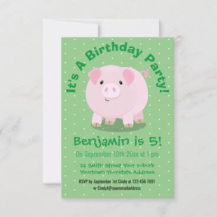 Cute pink pot bellied pig cartoon illustration invitation | Zazzle