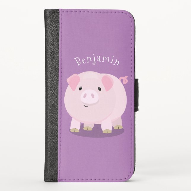 Cute pink pot bellied pig cartoon illustration iPhone wallet case (Front)