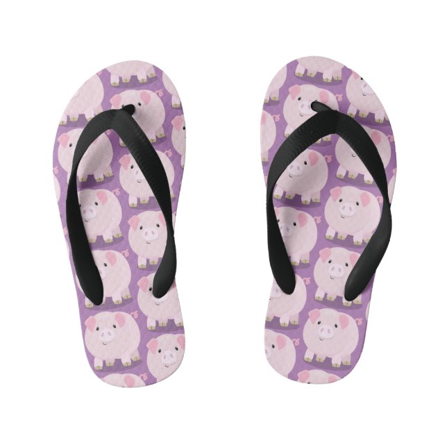 Cute pink pot bellied pig cartoon illustration kid's flip flops (Footbed)